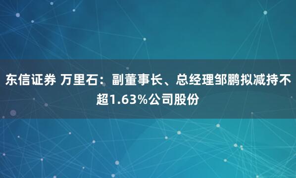 东信证券 万里石：副董事长、总经理邹鹏拟减持不超1.63%公司股份